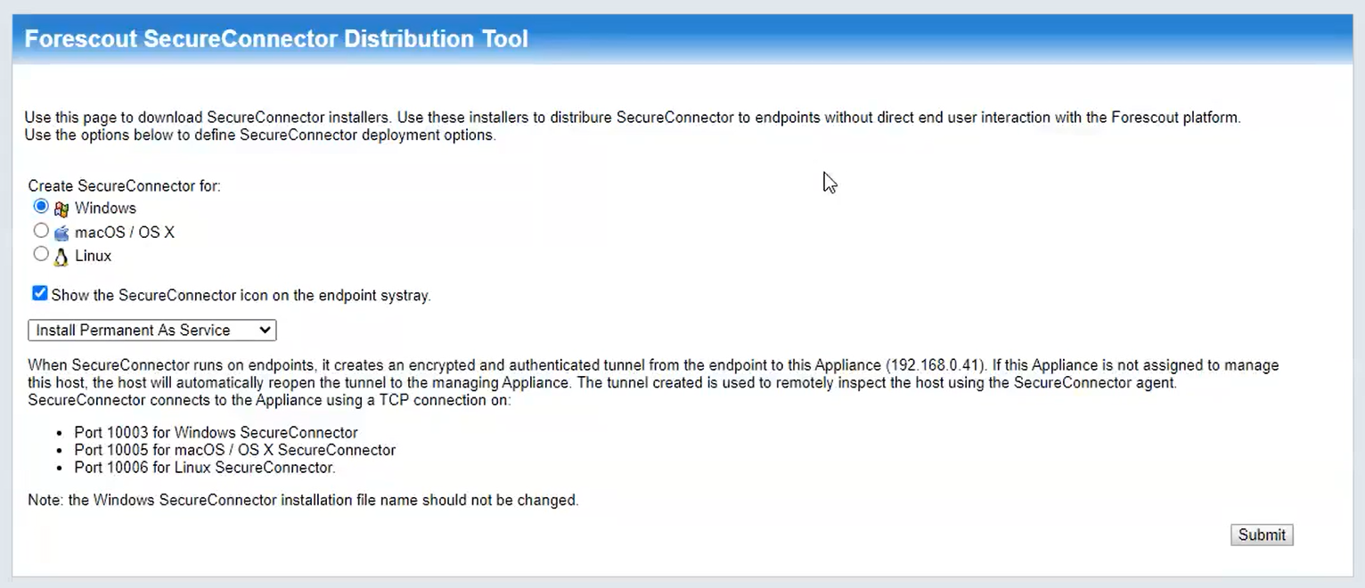 Image showing the Forescout SecureConnector Distribution Tool web page.