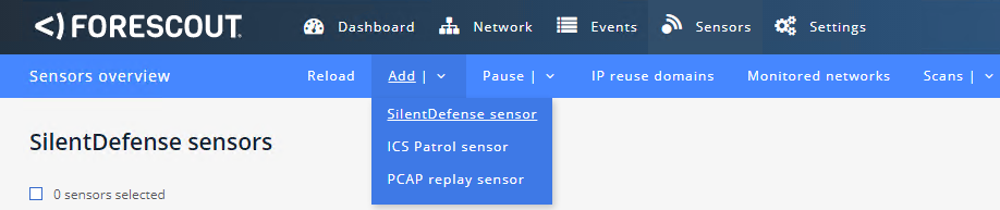 Image showing the menu option on the Sensor Overview page to add a sensor.