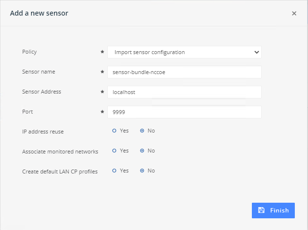 Image showing the dialog box to add a new SilentDefense sensor.