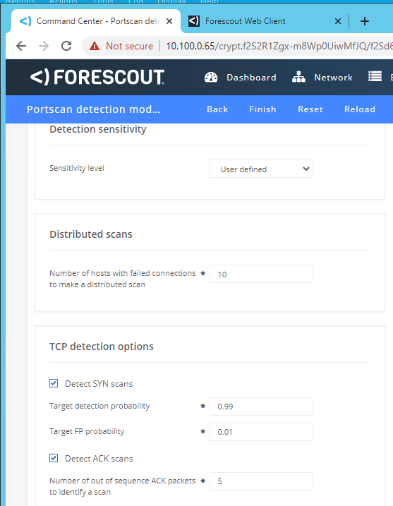Image showing the settings screen for the portscan detection module.