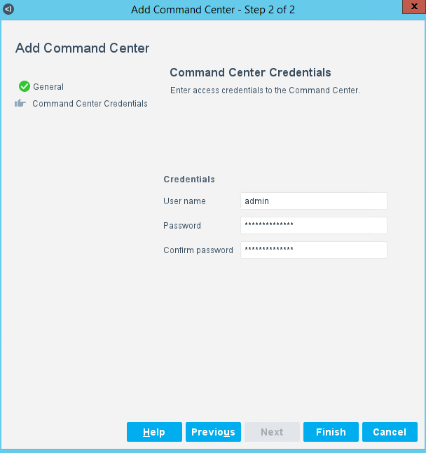 Image showing the Command Center credentials dialog box.