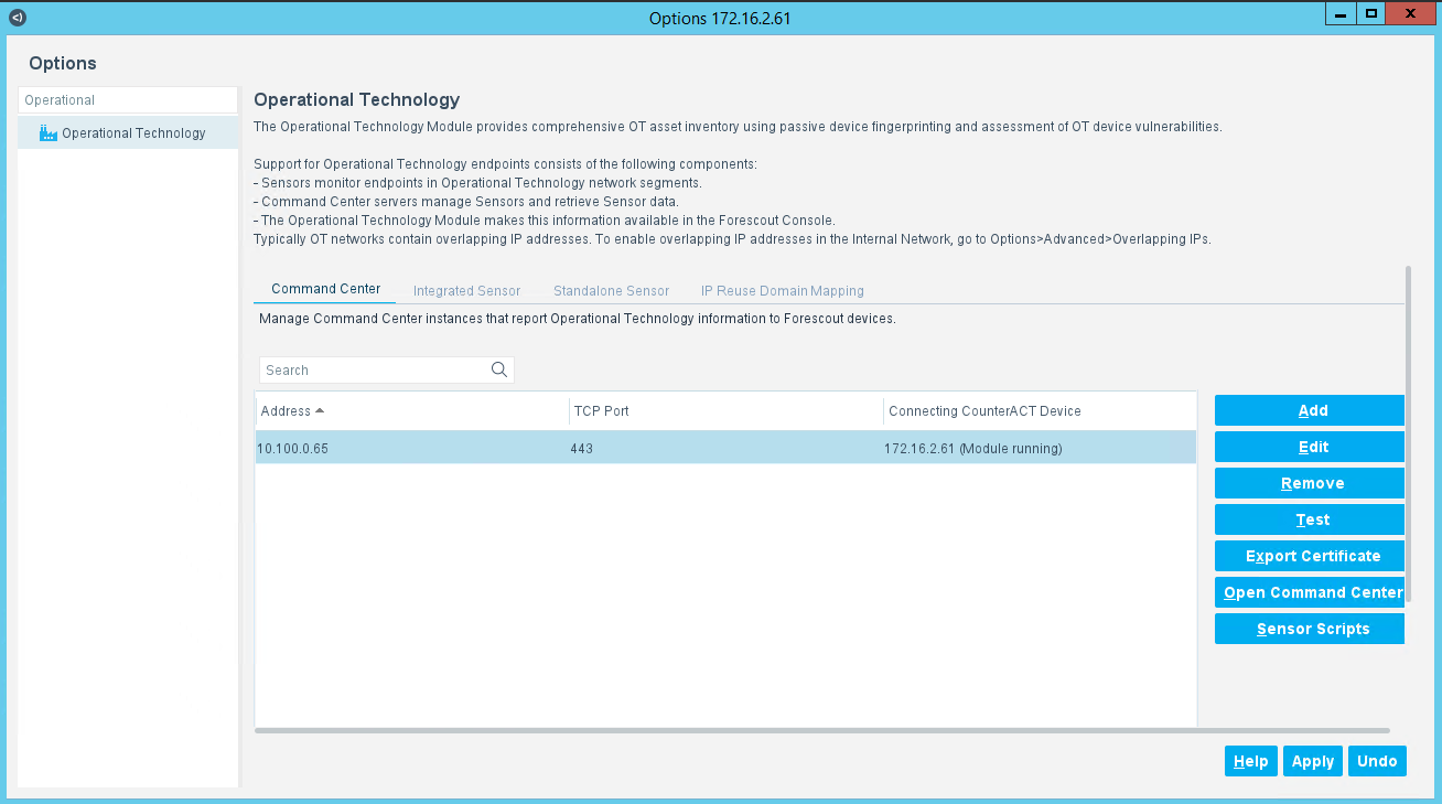 Image showing the added Command Center for the Operational Technology settings.