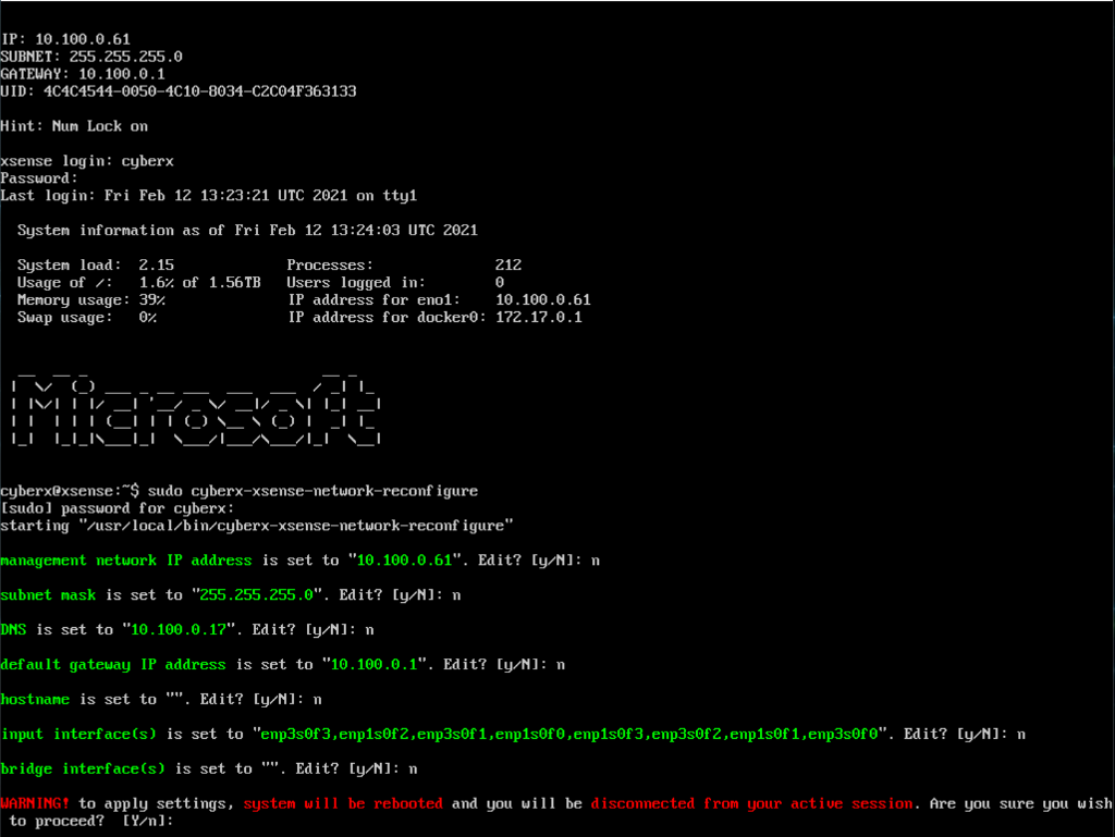 Image showing the SSH session running the cyberx-xsense-network-reconfigure command.