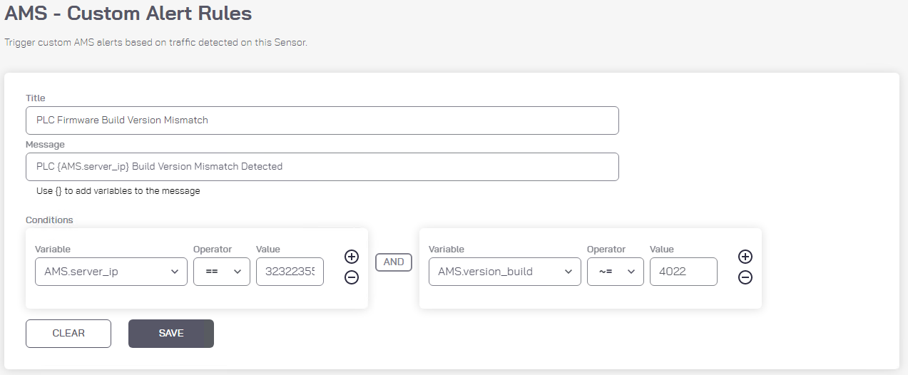 Image of Azure Defender for IoT Custom alert for firmware build version number change.