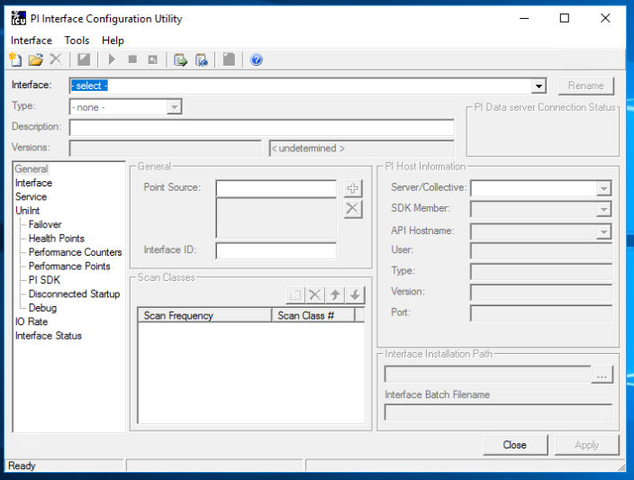 Screenshot of the PI interface configuration utility before the interface is configured.