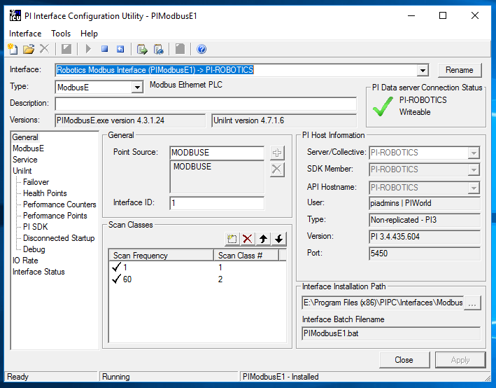 Screenshot of the PI Interface Configuration utility.