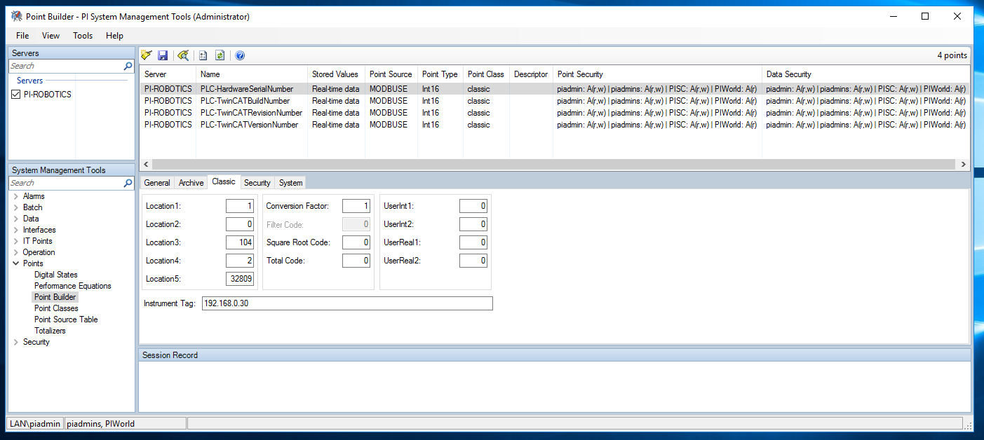 Screenshot of the PI system management tools component after configuring the PI points for PLC hardware and firmware version number integrity checking.