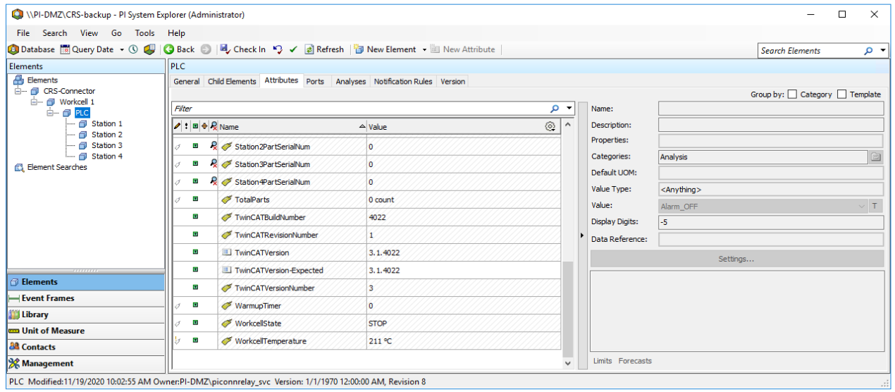Screenshot of the PI system explorer displaying attributes of the PLC.
