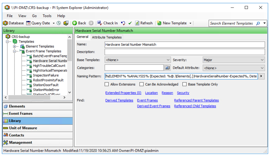 Screenshot of PI System Explorer displaying the Hardware Serial Number Mismatch event frame template.