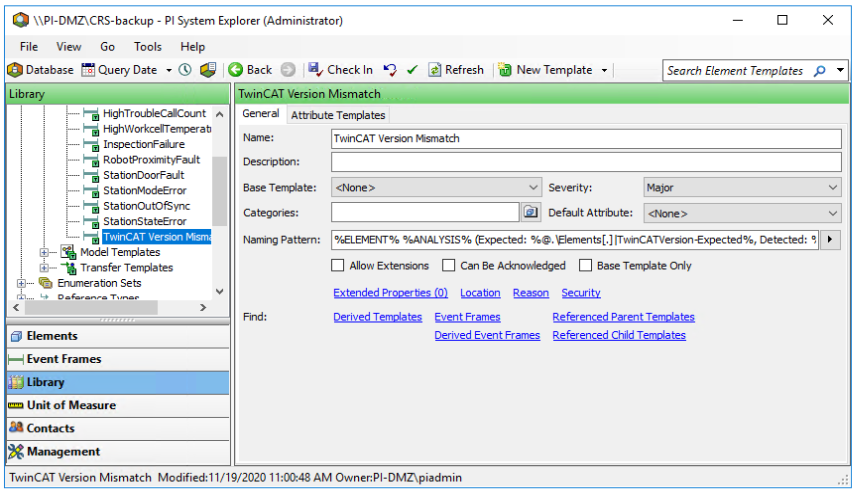 Screenshot of PI System Explorer displaying the TwinCAT Version Mismatch event frame template.