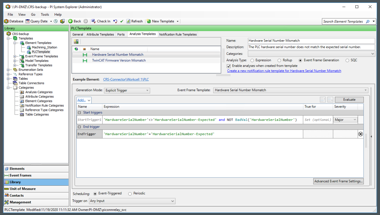 Screenshot of PI System Explorer displaying the Hardware Serial Number Mismatch analysis template in the PLC element template.