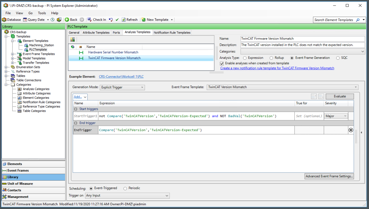 Screenshot of PI System Explorer displaying the TwinCAT Firmware Version Mismatch analysis template in the PLC element template.