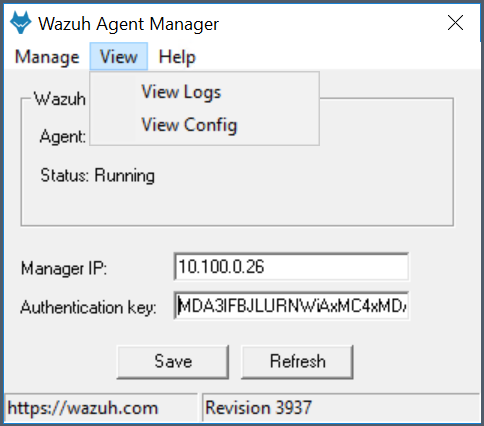 Image of the Wazuh Agent Manager user interface with the “View” menu selected and the “View Logs” and “View Config” options available.