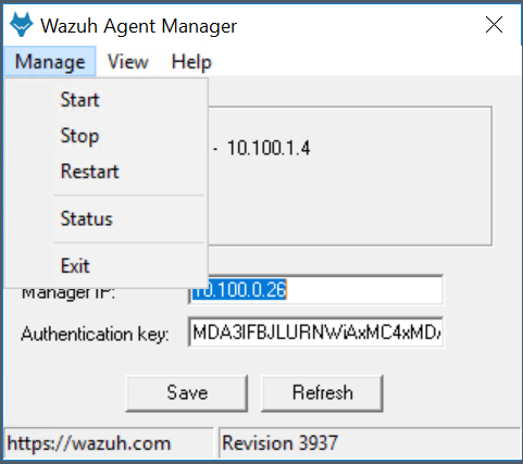 Image of the Wazuh Agent Manager user interface with the “Manage” menu selected and the resulting options.