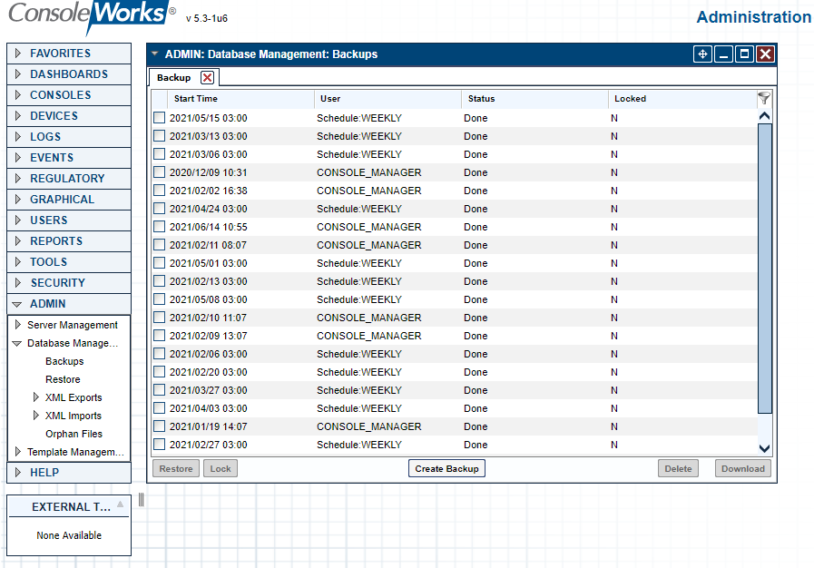 Screenshot showing the system backup interface of TDI Consoleworks.