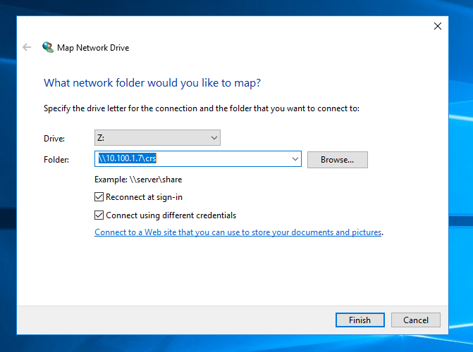 Screenshot of "Map Network Drive" configuration dialog box on a Windows machine. The GreenTec WORMdisk drive is mapped to the Dispel VDI.