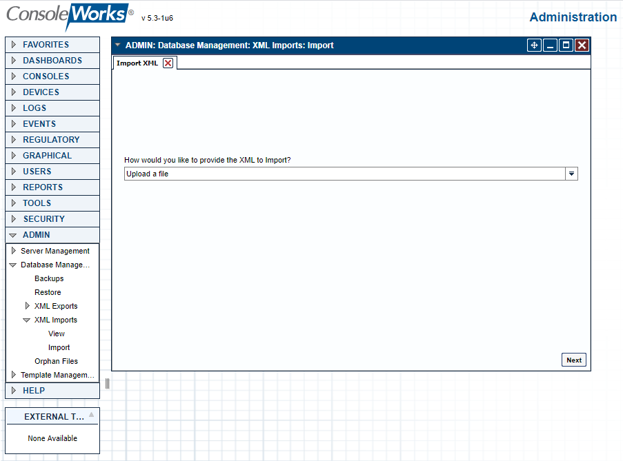 Screenshot showing the XML import process of TDI Consoleworks to add features and configuration items to the system.