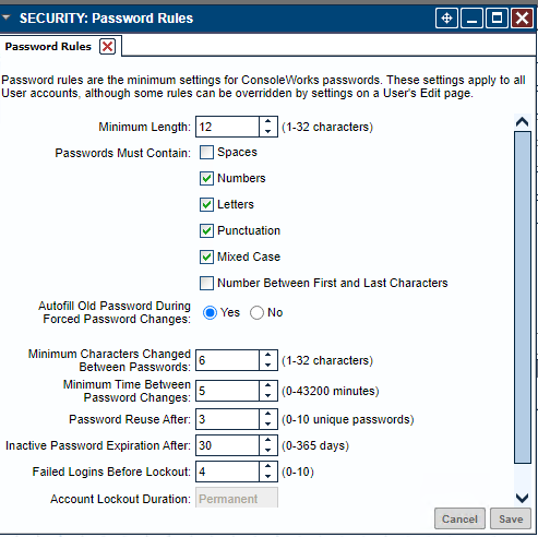 Screenshot showing the password settings and options for TDI Consoleworks.