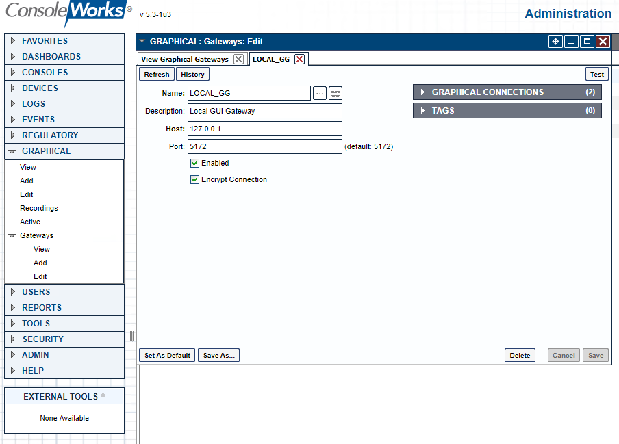 Screenshot showing the parameters used for configuring the local graphical gateway for supporting RDP connections to approved devices.