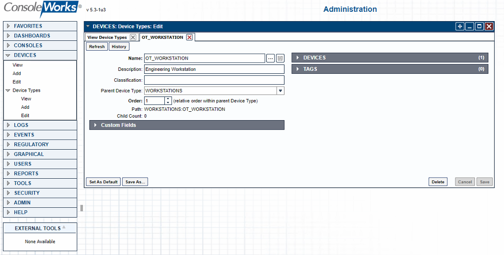 Screenshot showing an example device type definition for organizing the devices within the system.