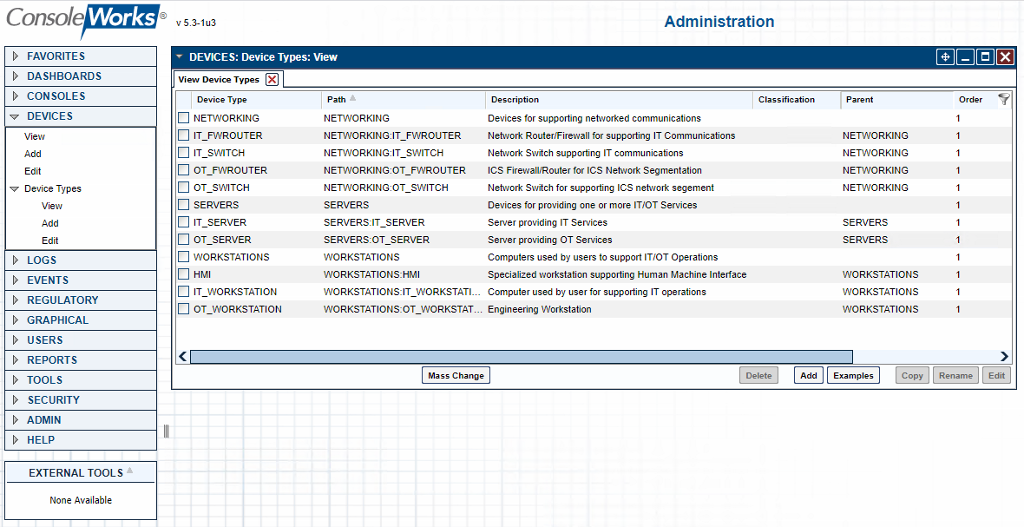 Screenshot showing the list of the device types configured for the project.