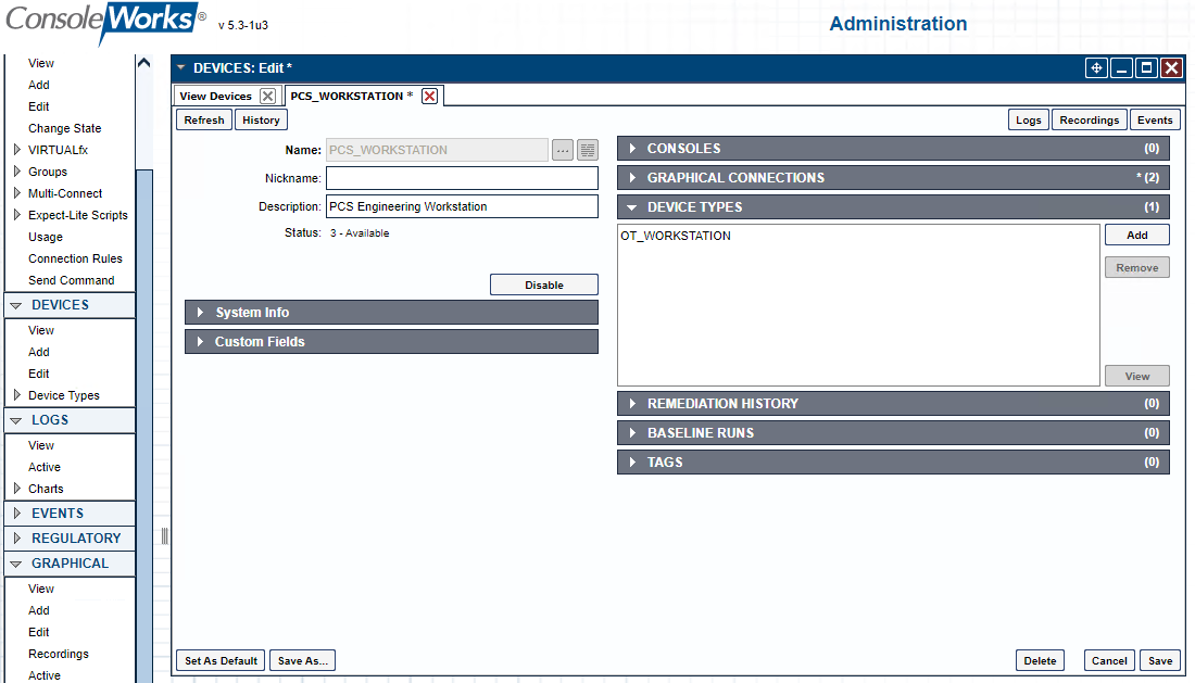 Screenshot showing the device definition form.