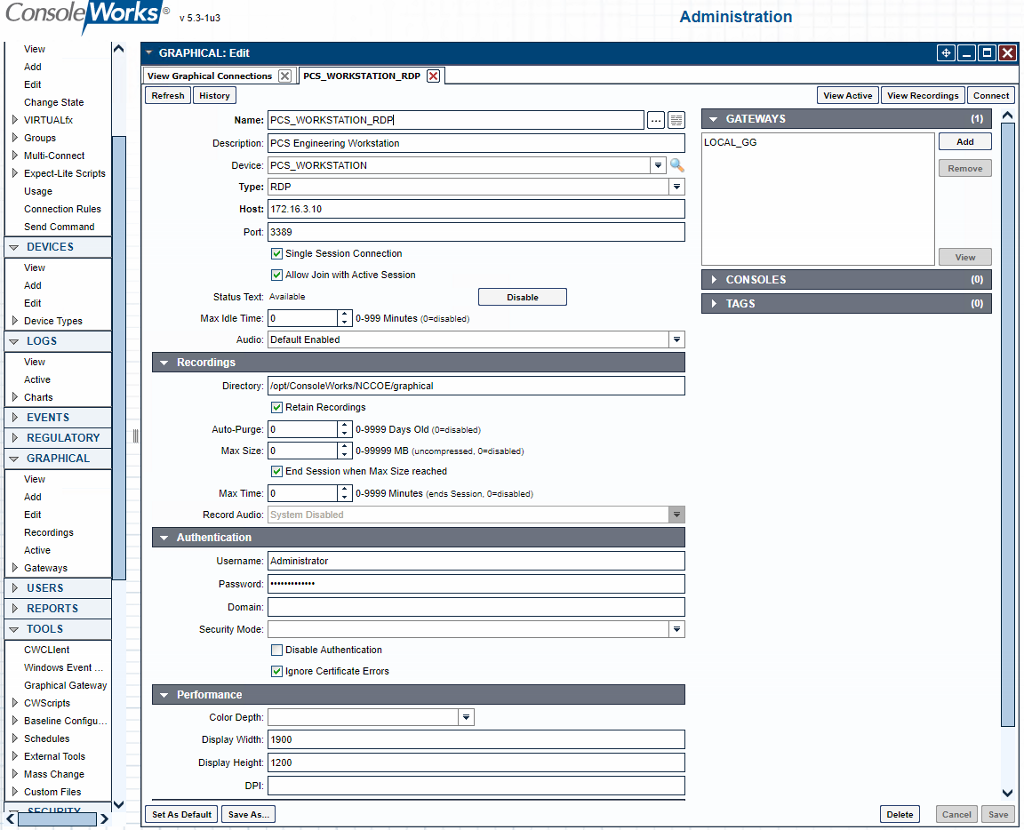 Screenshot showing the example RDP configuration options
