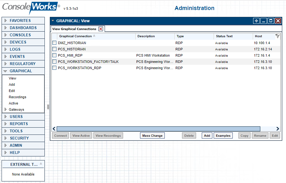 Screenshot showing the listing of RDP Connections for PCS (Build 1)