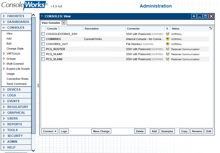 Screenshot showing the list of console connections for PCS (Build 1)