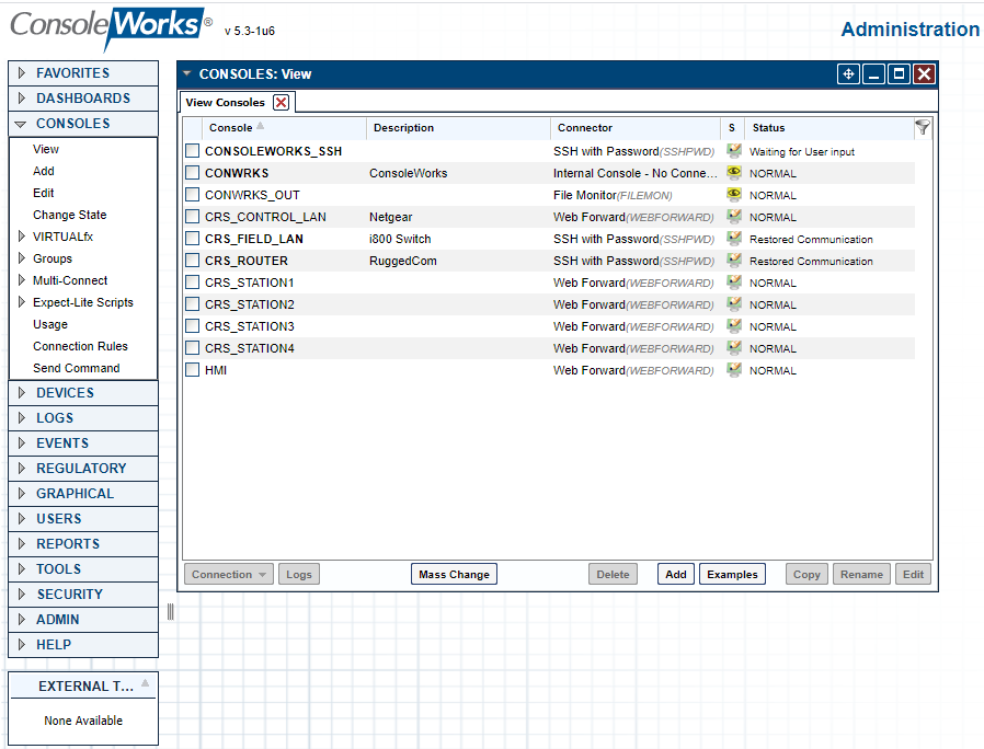 Screenshot showing the list of console connections for CRS (Build 3)
