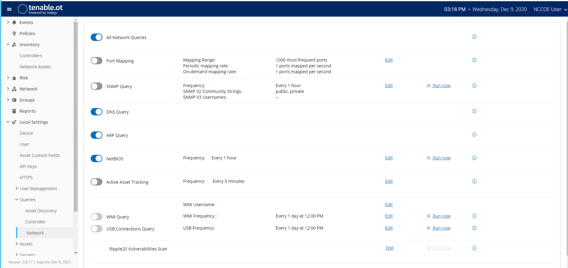 Image of Tenable.ot network scan settings.
