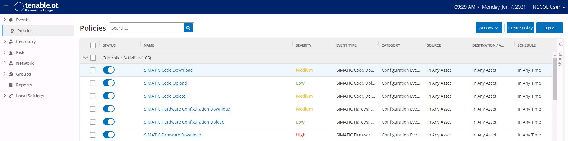 Image of Tenable.ot policy settings.