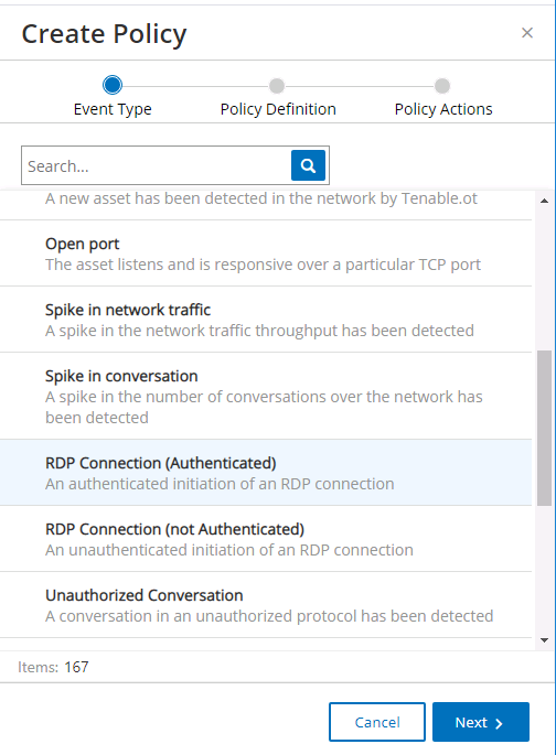 Image of Tenable.ot showing the selection of the RDP Connection (Authenticated) as the Event Type for the policy.