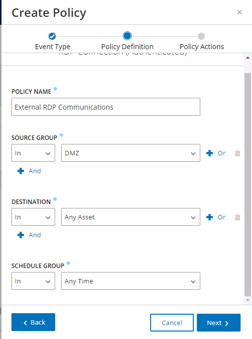 Image of Tenable.ot showing the policy definition options including name, source group, destination, and schedule group.