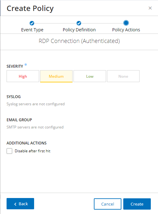 Image of Tenable.ot showing the policy action options including the severity for the event.