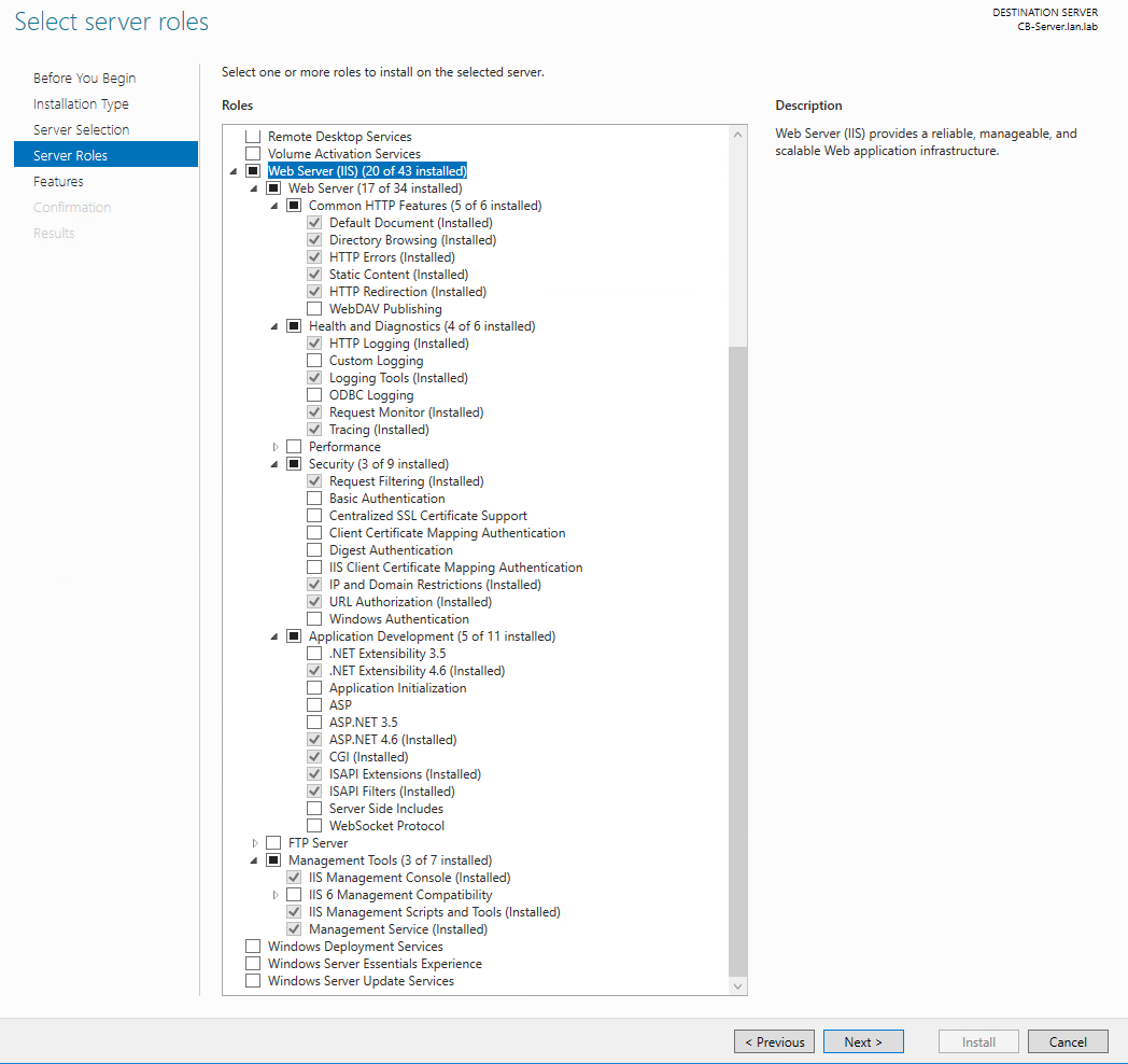 Screenshot from the server role IIS configuration wizard on the Windows Server 2016 instance being prepared for CB Protection Server installation.