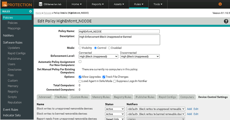 Image showing the policy details page for the High Enforcement policy created for scenario testing.