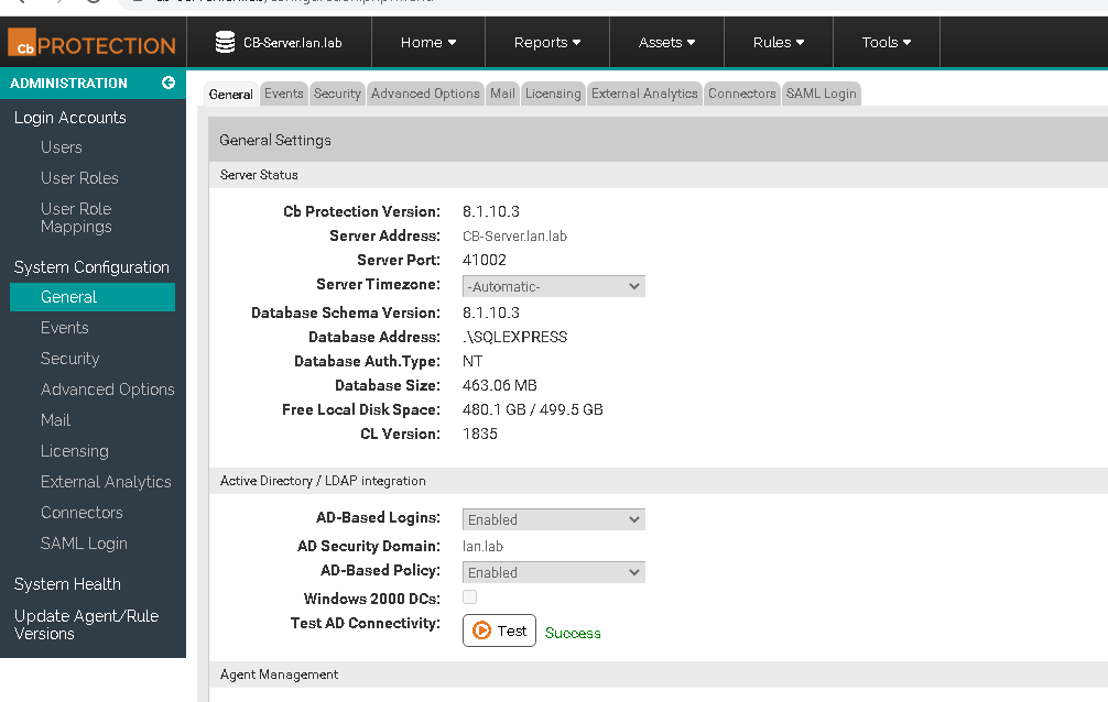 Image showing the Active Directory integration enabled and successfully tested.