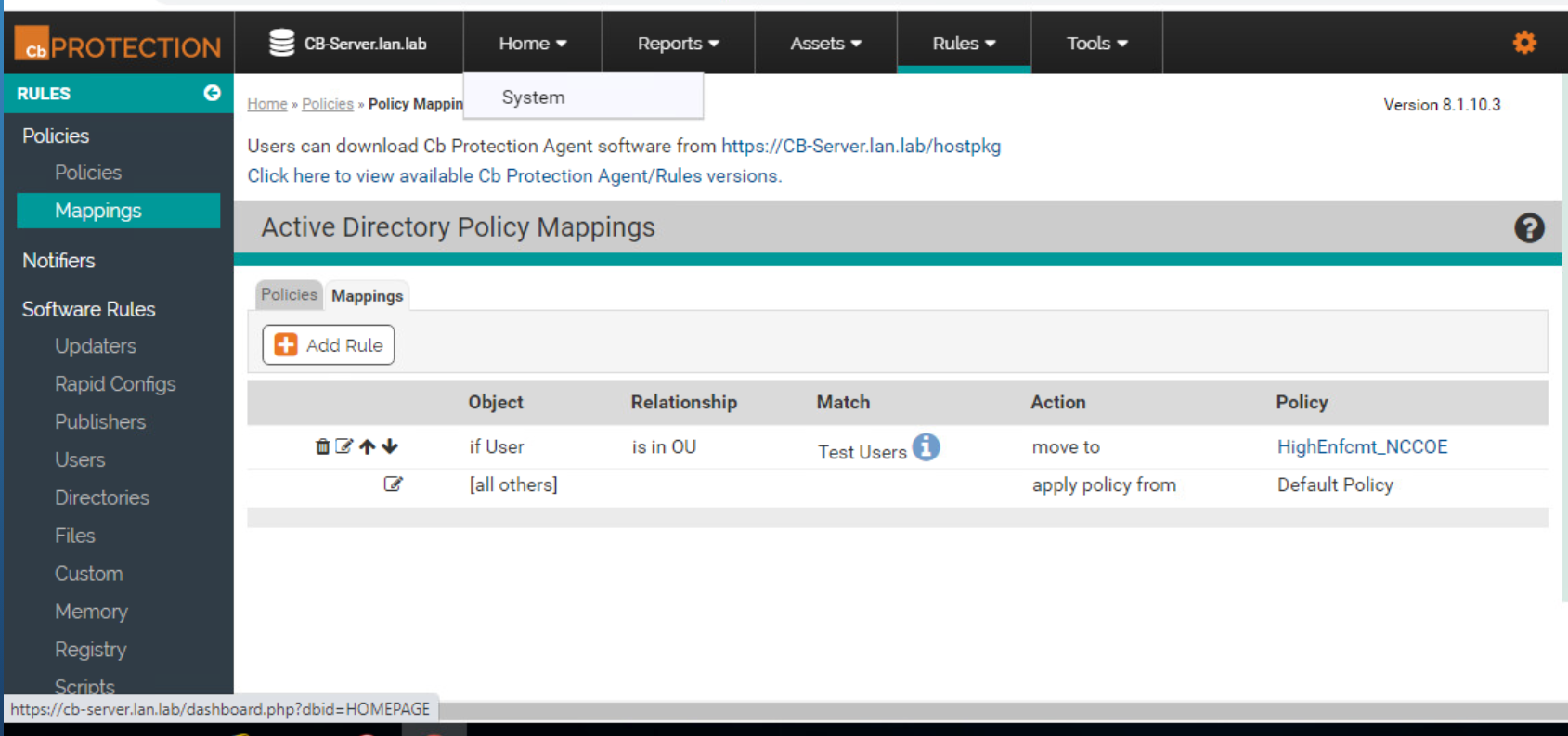 Image showing the policy mapping page where the High Enforcement policy is applied to the user accounts in the “Test Users” OU in Active Directory. All other users are assigned the “Default Policy”.