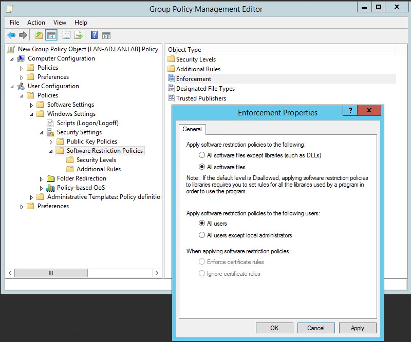 Image showing the Enforcement option in the background and the dialog box presented after double-clicking the Enforcement option. Settings show all software files is selected along with all users.