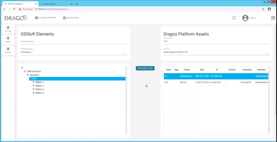Image showing the OSIsoft to Dragos pairing interface.