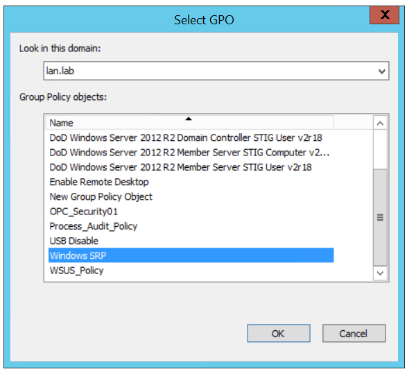 Image showing the dialog presented to users when linking an existing GPO to an OU that shows the Windows SRP GPO being selected.