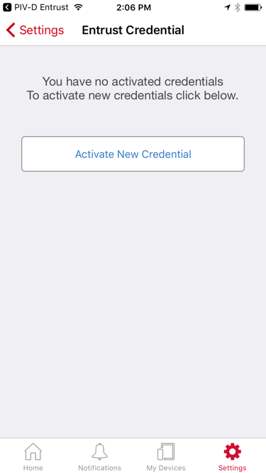 Initial view of the MobileIron PIV-D Entrust app indicating there is no DPC active with a button to Activate New Credential.