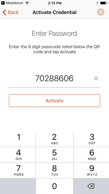 After scanning the QR code using the MobileIron PIV-D Entrust app, the DPC Subscriber enters the numberic OTP to complete DPC activation.