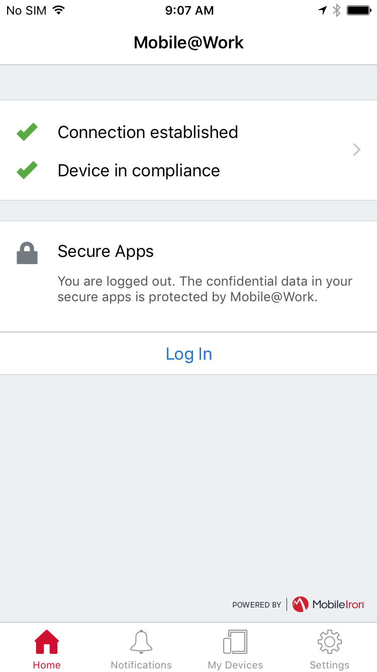 View of Mobile@Work app when open but before the DPC Subscriber has authenticated, indicating they must log in to gain access to Secure Apps.