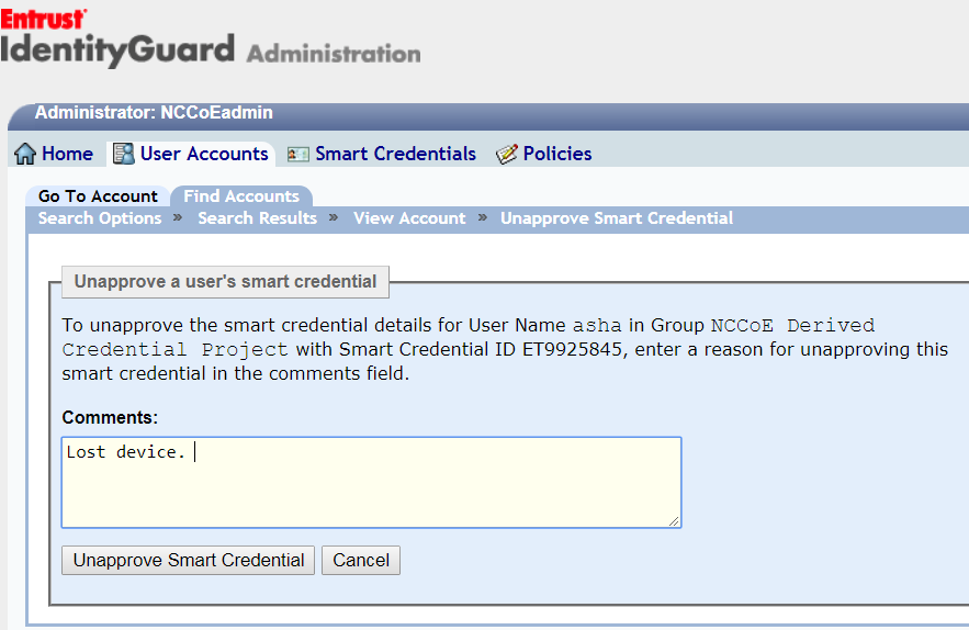 The image shown is the DPC IdentityGuard Termination interface where an Administrator can unapprove a smart card credential by simply clicking the "Unapprove Smart Credential" button.