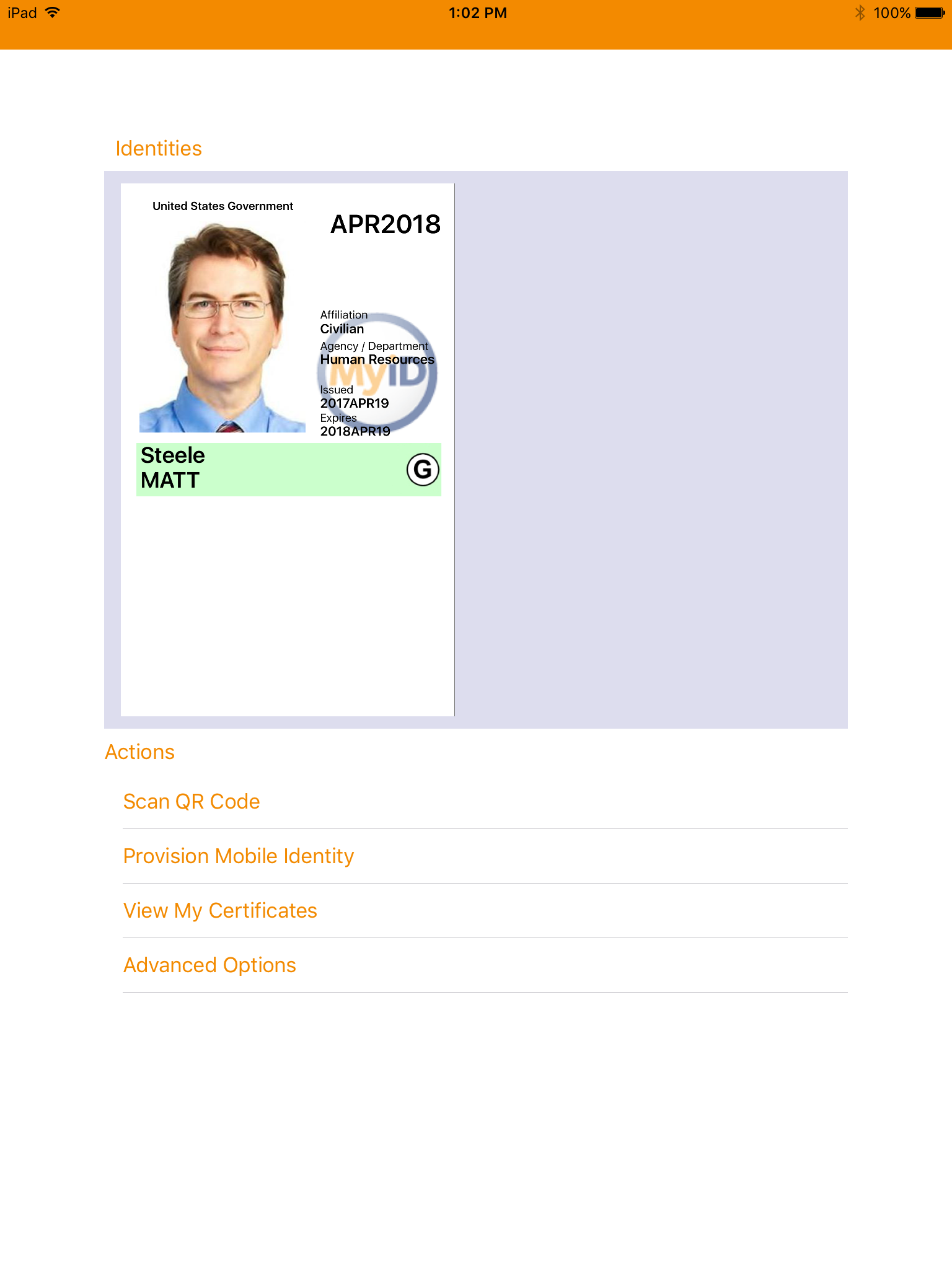A virtual image of a PIV Card as shown in the MyID Identity Agent mobile application.