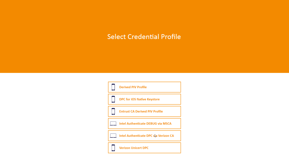 An image showing the DPC applicant selecting "Intel Authenticate DPC via Verizon CA."