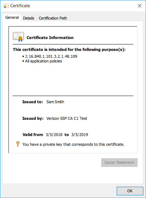 A screenshot of the Derived PIV Authentication certificate information.