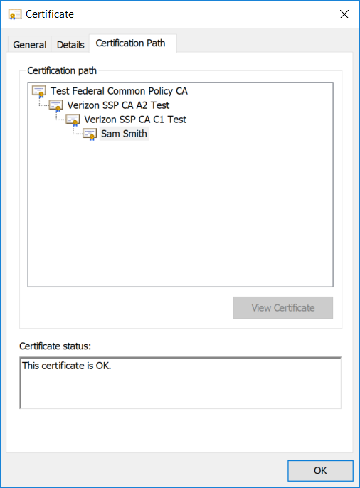 A screenshot of the Derived PIV Authentication Certification path information.